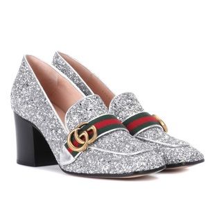 GUCCI Peyton Marmont GG LOGO Block Heel Loafers Silver Glitter Web 39.5 9.5